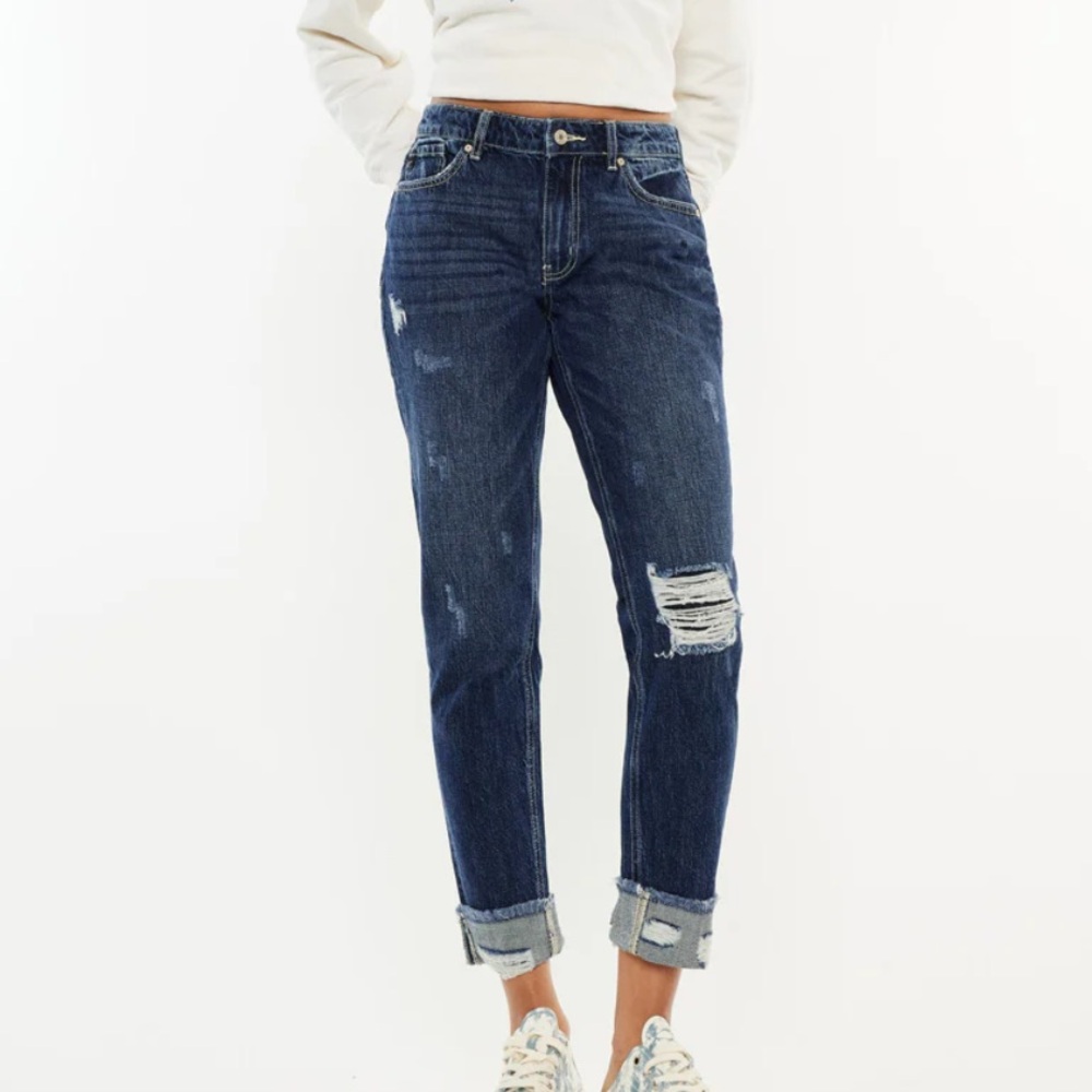 KanCan Bernice High Rise Boyfriend Blue Jeans Relaxed Cuff Raw Ankle Distressed